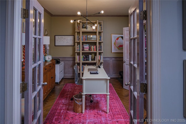 office featuring ornamental molding and dark hardwood / wood-style floors