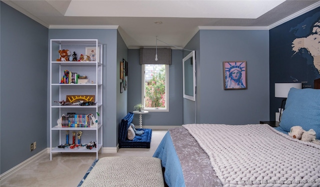 carpeted bedroom with ornamental molding