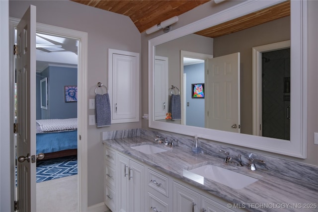 bathroom with vanity and wooden ceiling