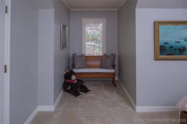 living area with crown molding and light carpet