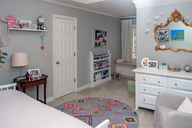 carpeted bedroom featuring ornamental molding