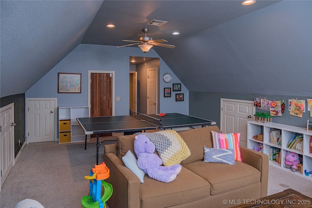 game room with lofted ceiling, carpet floors, and ceiling fan