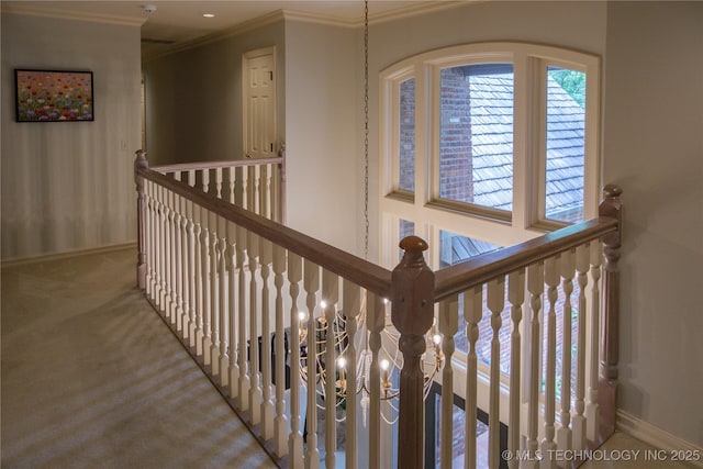 hall featuring light colored carpet and ornamental molding