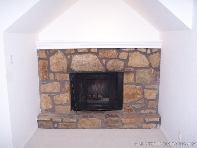 details with a fireplace and carpet flooring