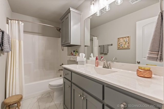 full bathroom with vanity, toilet, and shower / bathtub combination with curtain