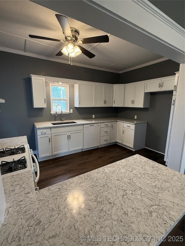 kitchen with sink, white cabinets, ceiling fan, crown molding, and white appliances