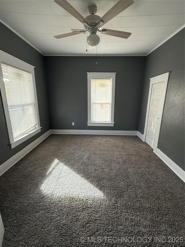 carpeted spare room featuring crown molding and ceiling fan