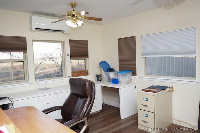 home office featuring a wealth of natural light, dark wood-type flooring, an AC wall unit, and ceiling fan