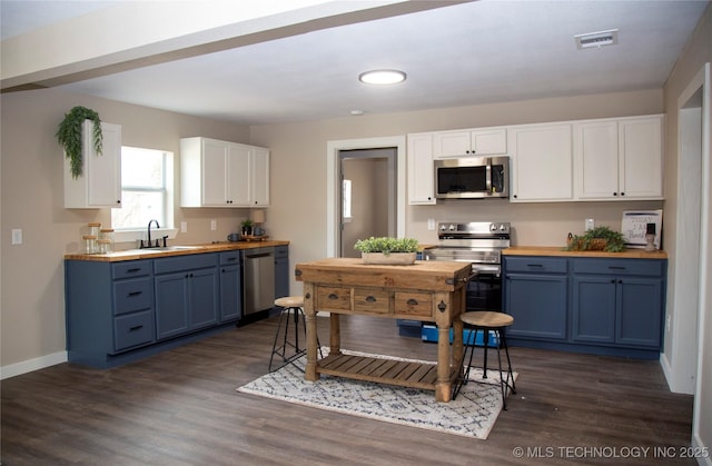 kitchen with appliances with stainless steel finishes, sink, wooden counters, white cabinets, and blue cabinetry