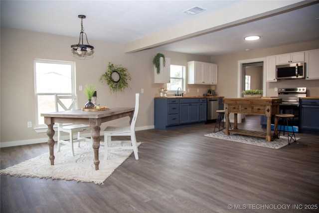 dining area with dark hardwood / wood-style floors and sink