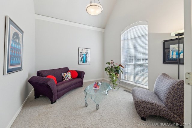 living room with vaulted ceiling and carpet