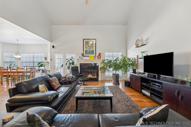 living room with a premium fireplace, high vaulted ceiling, and light wood-type flooring