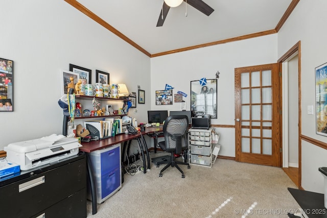 carpeted office with ceiling fan and ornamental molding