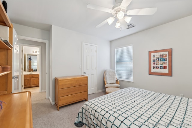 bedroom featuring ceiling fan and light colored carpet