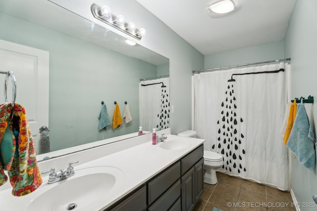 bathroom with a shower with curtain, tile patterned floors, toilet, and vanity