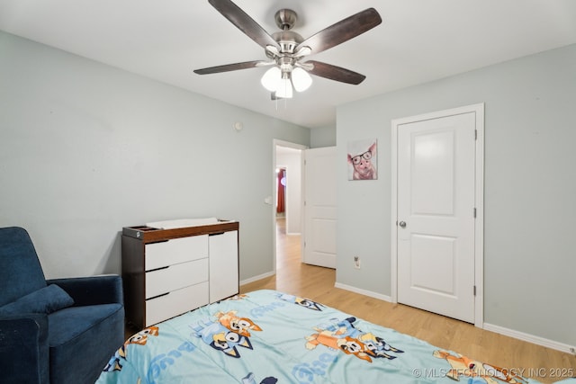 bedroom with ceiling fan and light wood-type flooring