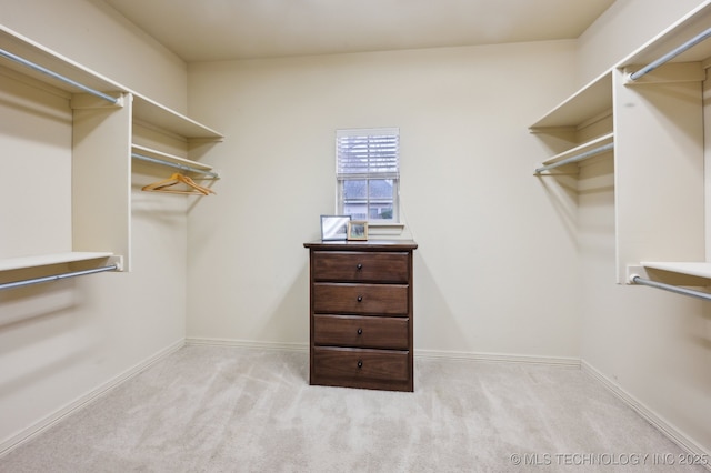 walk in closet with light carpet