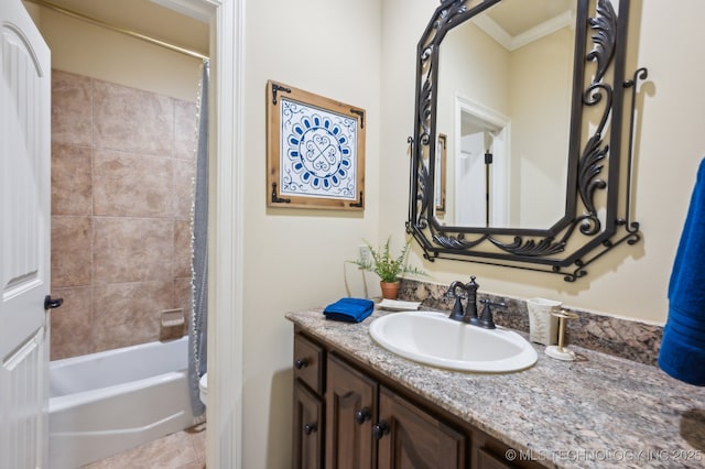 full bathroom with shower / tub combo with curtain, vanity, ornamental molding, tile patterned floors, and toilet