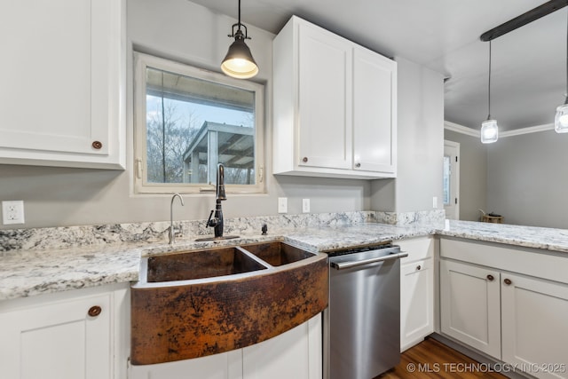 kitchen featuring crown molding, white cabinetry, light stone countertops, decorative light fixtures, and stainless steel dishwasher