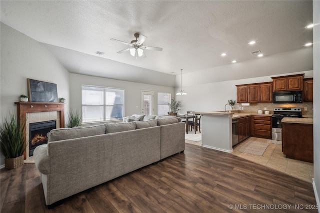 living room featuring lofted ceiling, dark hardwood / wood-style floors, and sink