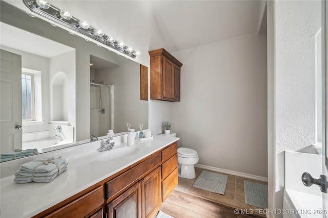 full bathroom featuring lofted ceiling, toilet, wood-type flooring, vanity, and plus walk in shower