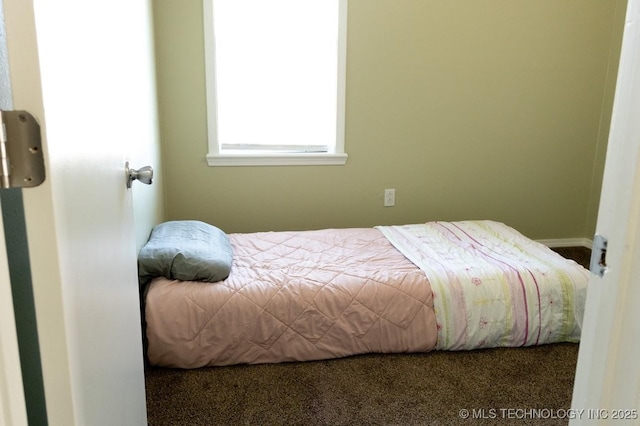 bedroom featuring dark carpet