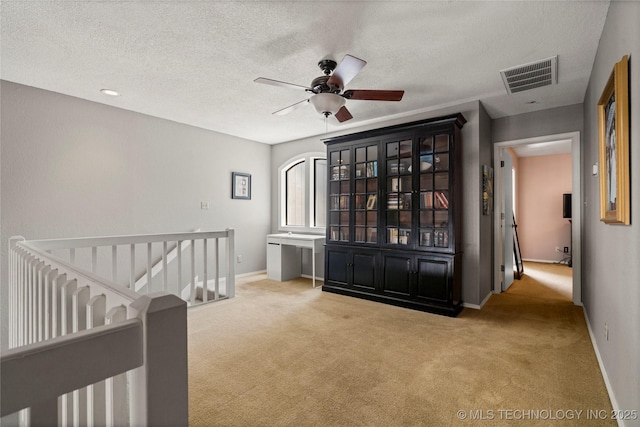 interior space with light carpet and a textured ceiling