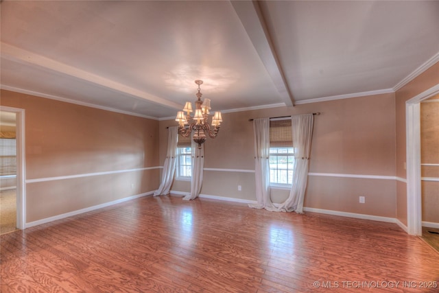 empty room with ornamental molding, wood-type flooring, beam ceiling, and a chandelier