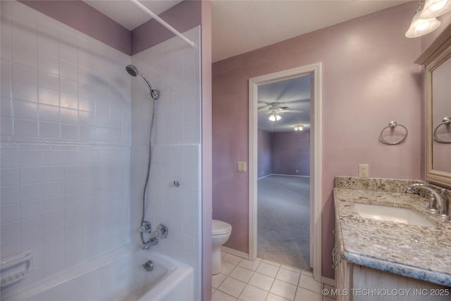 full bathroom featuring tile patterned floors, toilet, tiled shower / bath, vanity, and ceiling fan