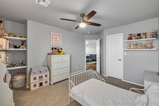 bedroom featuring ceiling fan and carpet flooring