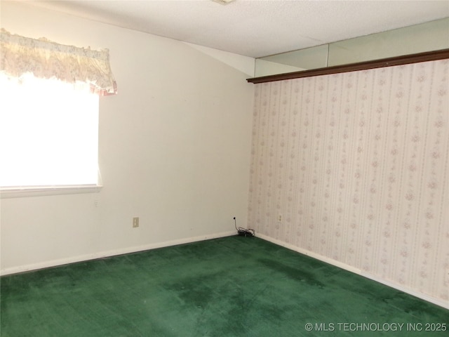 spare room featuring a textured ceiling, carpet, and baseboards