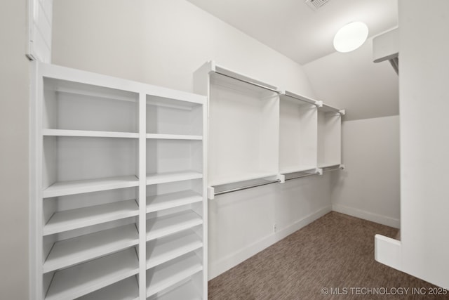 spacious closet with vaulted ceiling and dark carpet