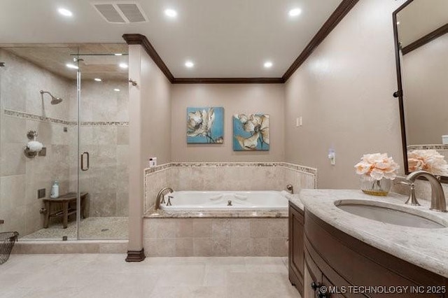 bathroom with vanity, ornamental molding, and plus walk in shower