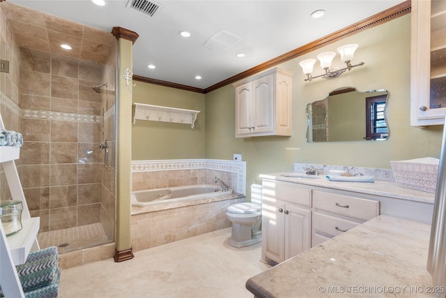 full bathroom with separate shower and tub, vanity, ornamental molding, tile patterned floors, and toilet