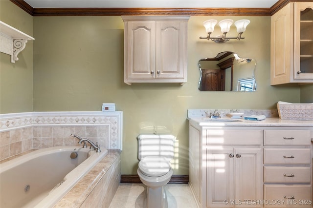 bathroom with vanity, a relaxing tiled tub, and crown molding