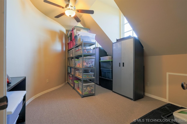 additional living space featuring lofted ceiling, carpet flooring, and ceiling fan