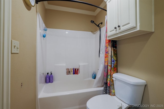 bathroom with shower / bathtub combination with curtain and toilet