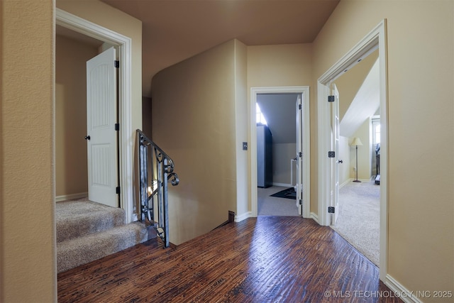 corridor featuring dark wood-type flooring