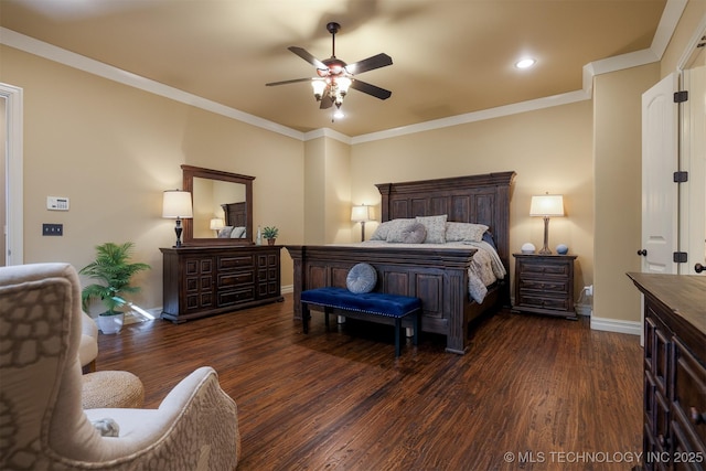 bedroom with ornamental molding, dark wood-type flooring, and ceiling fan