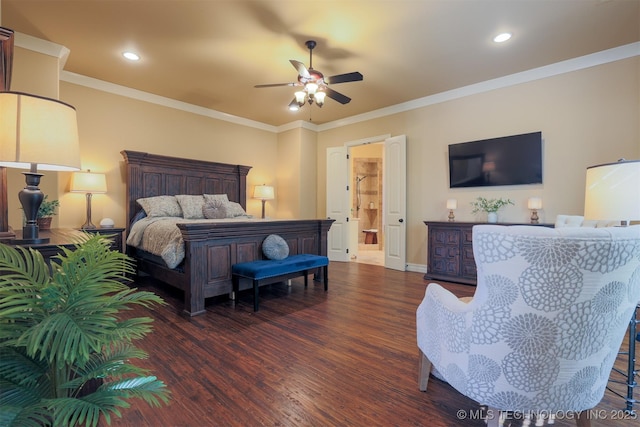 bedroom with crown molding, ceiling fan, and dark hardwood / wood-style flooring