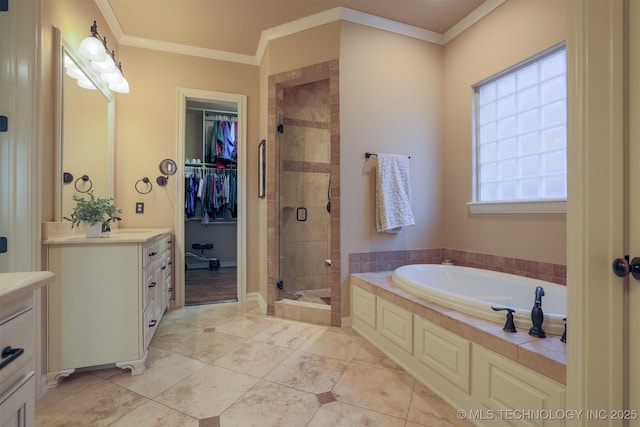 bathroom featuring vanity, crown molding, tile patterned floors, and plus walk in shower