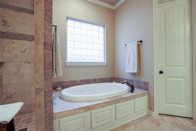 bathroom with tile patterned flooring, crown molding, and independent shower and bath