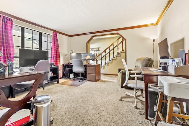 home office with ornamental molding, light colored carpet, and a textured ceiling