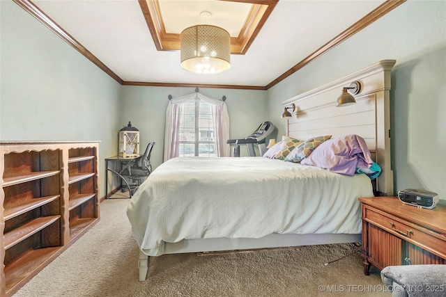 carpeted bedroom with crown molding, a notable chandelier, and a tray ceiling