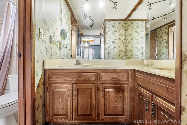 bathroom with track lighting, vanity, and toilet