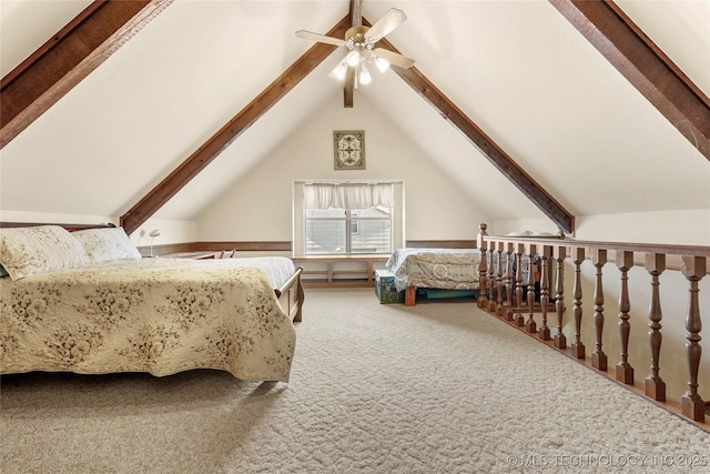 carpeted bedroom featuring vaulted ceiling with beams and ceiling fan