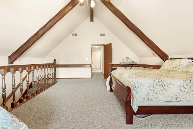 bedroom with lofted ceiling with beams, carpet, and ceiling fan