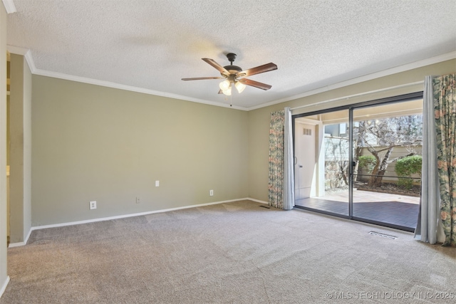 empty room with crown molding, light colored carpet, and ceiling fan