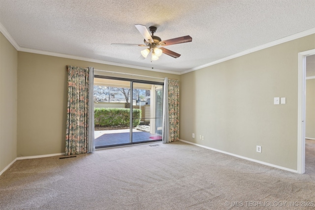 spare room featuring ornamental molding, light colored carpet, and ceiling fan