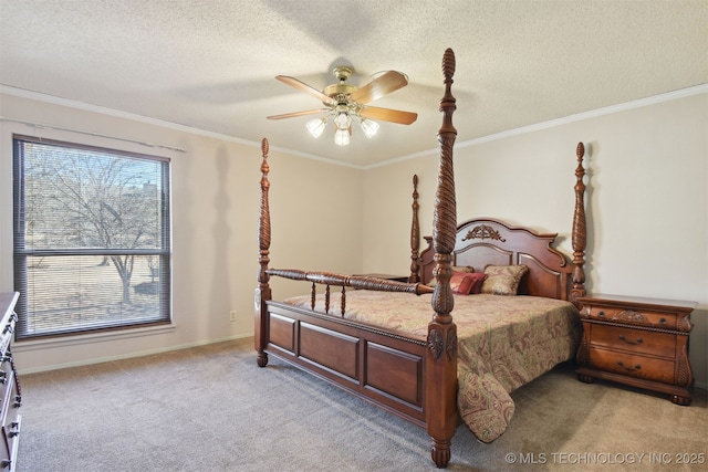 carpeted bedroom with ceiling fan, ornamental molding, and a textured ceiling